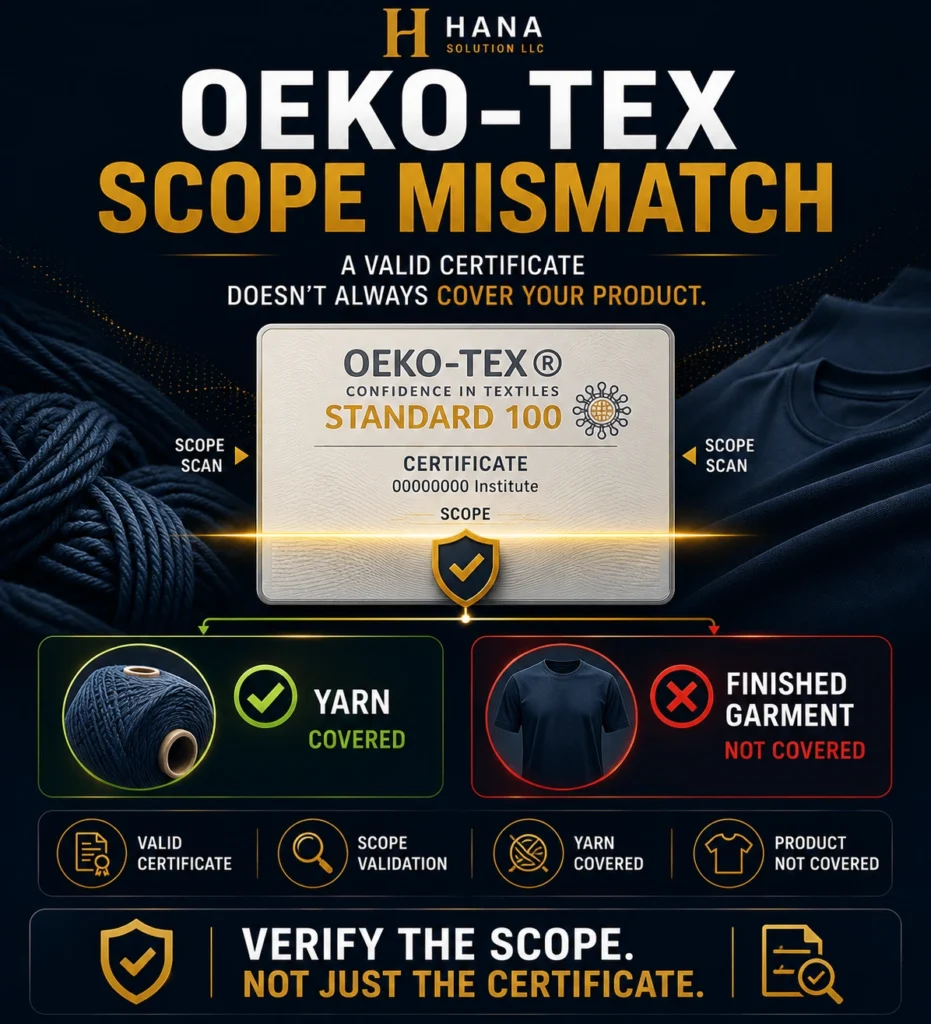 OEKO-TEX scope mismatch — product class and certificate currency validation before textile supplier engagement