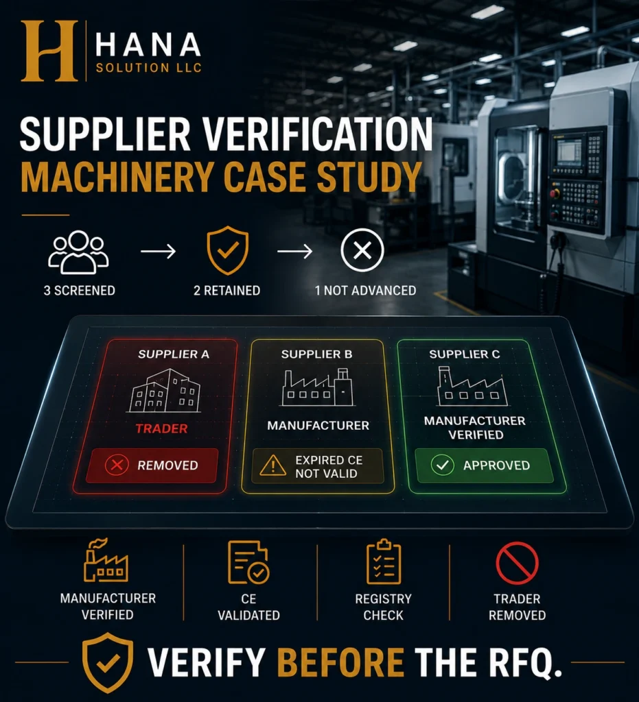 Supplier verification Turkey machinery case study — manufacturer status and CE certificate validation before RFQ governance decision