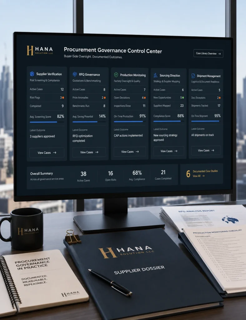 Turkey sourcing case studies — redacted buyer-side governance outcomes across supplier verification, RFQ governance, production monitoring and shipment management