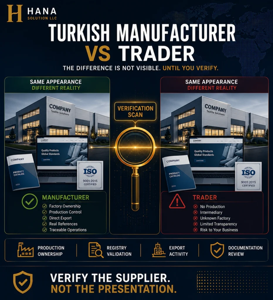 Turkish manufacturer vs trader — verification signals comparing production control, certification scope and documentation traceability