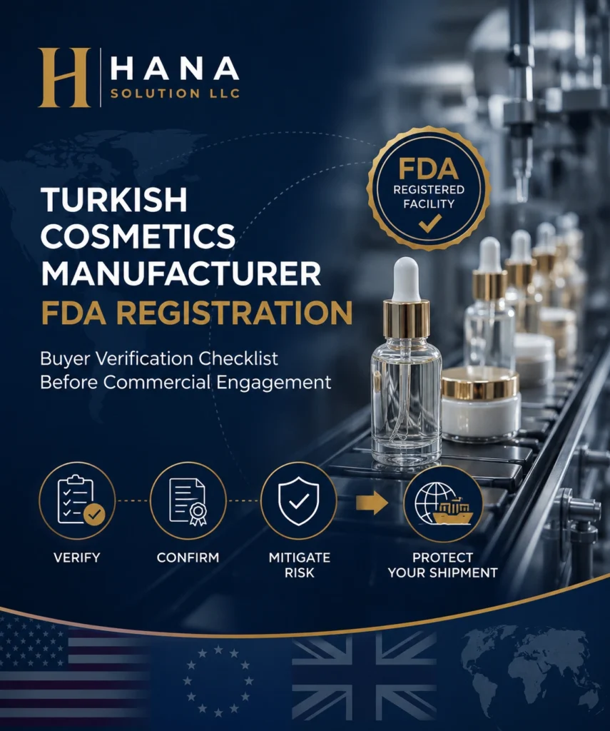 Turkish cosmetics manufacturer FDA registration buyer verification checklist showing facility registration, US Agent, FEI number, product listing, and supplier verification before commercial commitment.