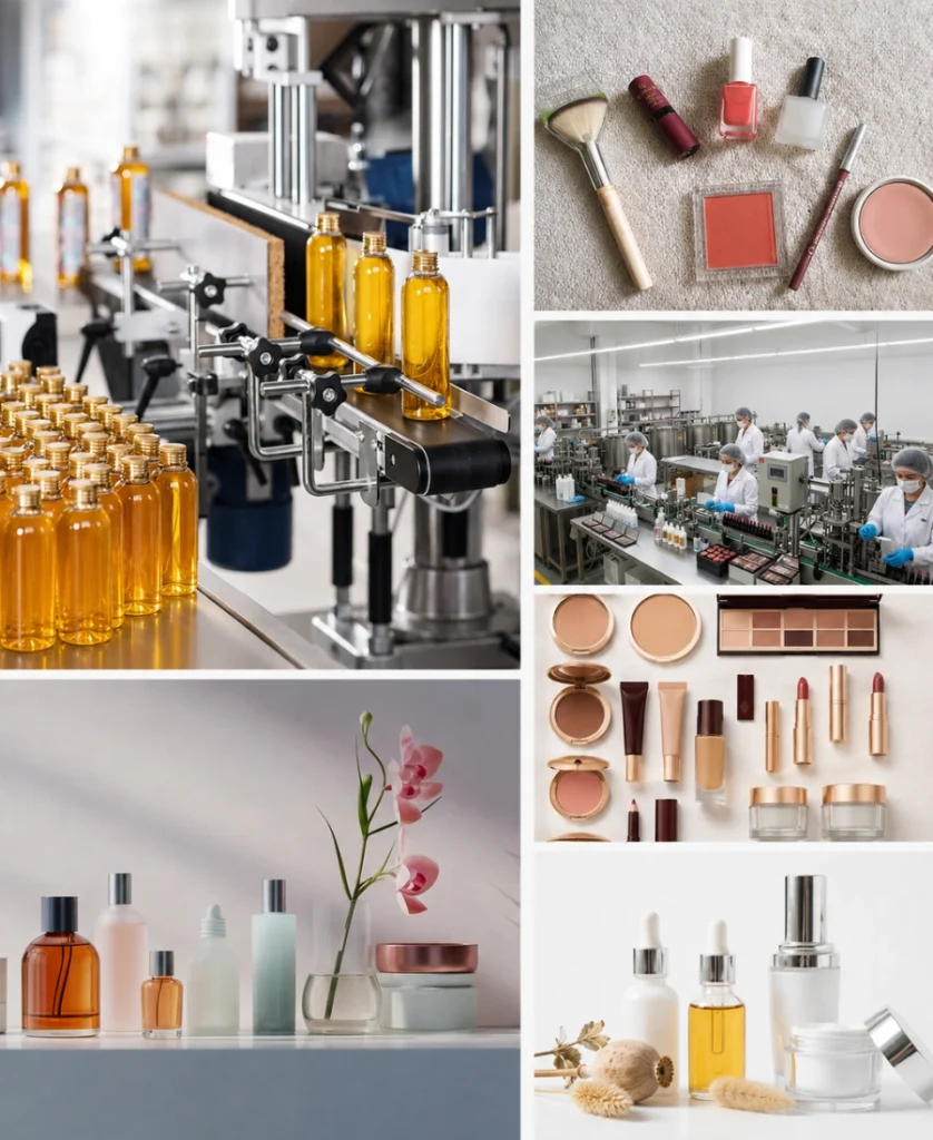 Cosmetics sourcing Turkey collage showing cosmetic filling, skincare, personal-care and makeup production.