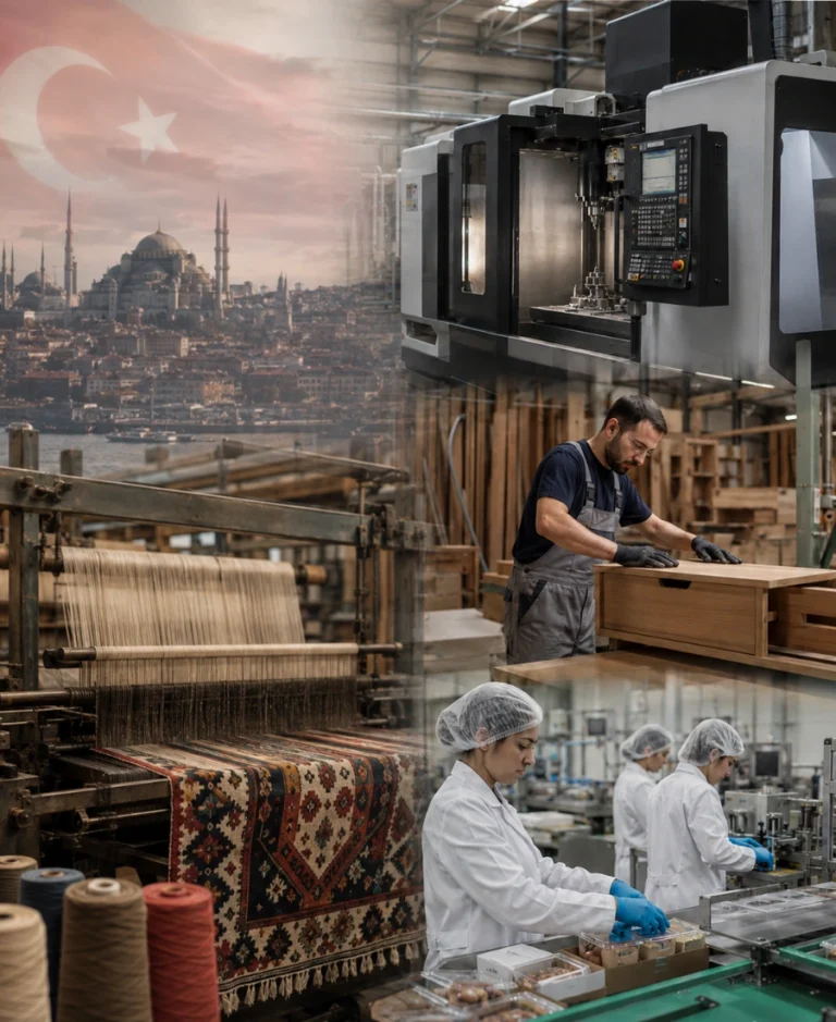 Manufacturing in Turkey hero image showing textile, machinery, furniture and food production sectors