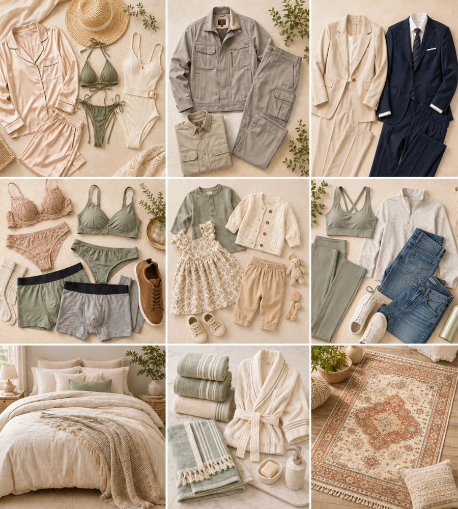 Textile apparel sourcing Turkey collage showing sleepwear, swimwear, workwear, suits, underwear, activewear, children’s clothing and home textiles.