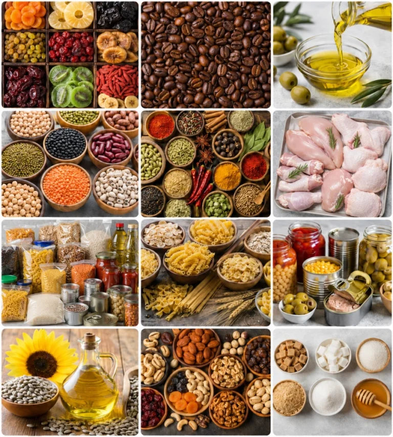 Turkish Food Suppliers product categories including dried fruits, coffee, olive oil, legumes, spices, raw chicken, pasta, canned foods and packaged food products.