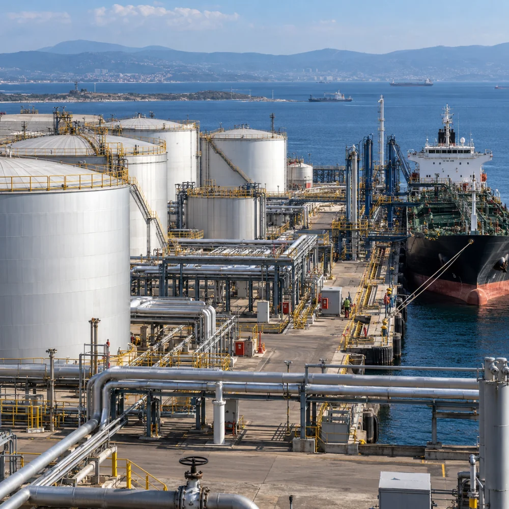 Bitumen supplier verification Turkey showing a coastal storage terminal, industrial pipelines, loading infrastructure and a docked tanker vessel.