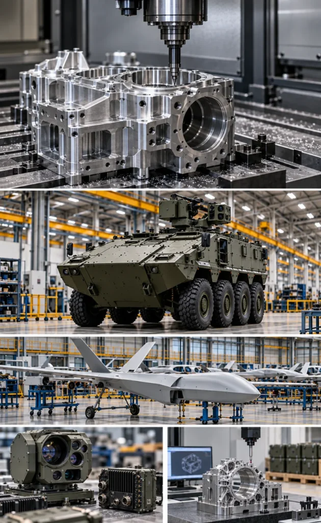 Defence Security Sourcing Turkey hero collage showing precision machining, armored vehicle manufacturing, UAV production, rugged defence systems and industrial quality inspection in Turkey