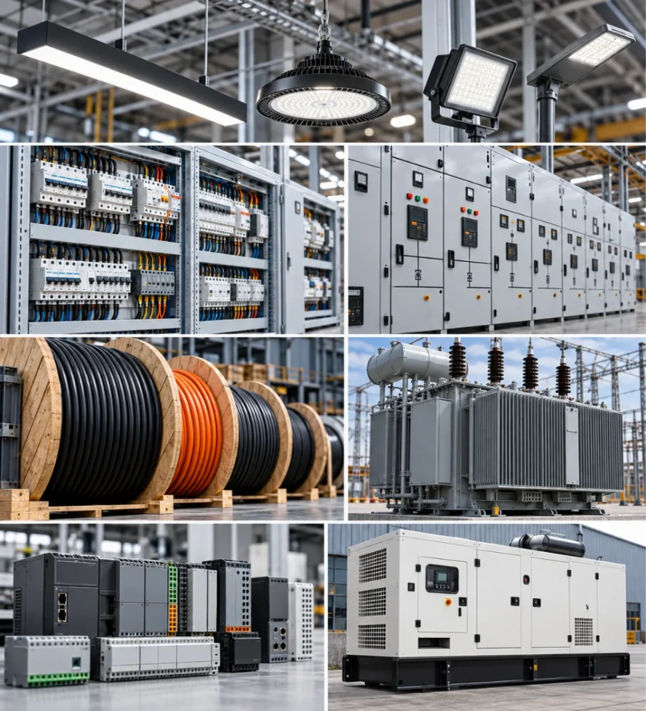 Electrical Lighting Sourcing Turkey hero collage showing cables, transformer, switchgear, automation devices, generator, electrical panels and lighting products from Turkey