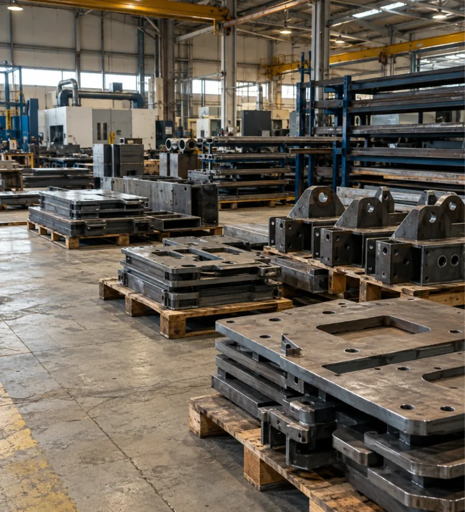 Factory Visit Turkey showing unfinished metal components stored on pallets inside an industrial manufacturing facility