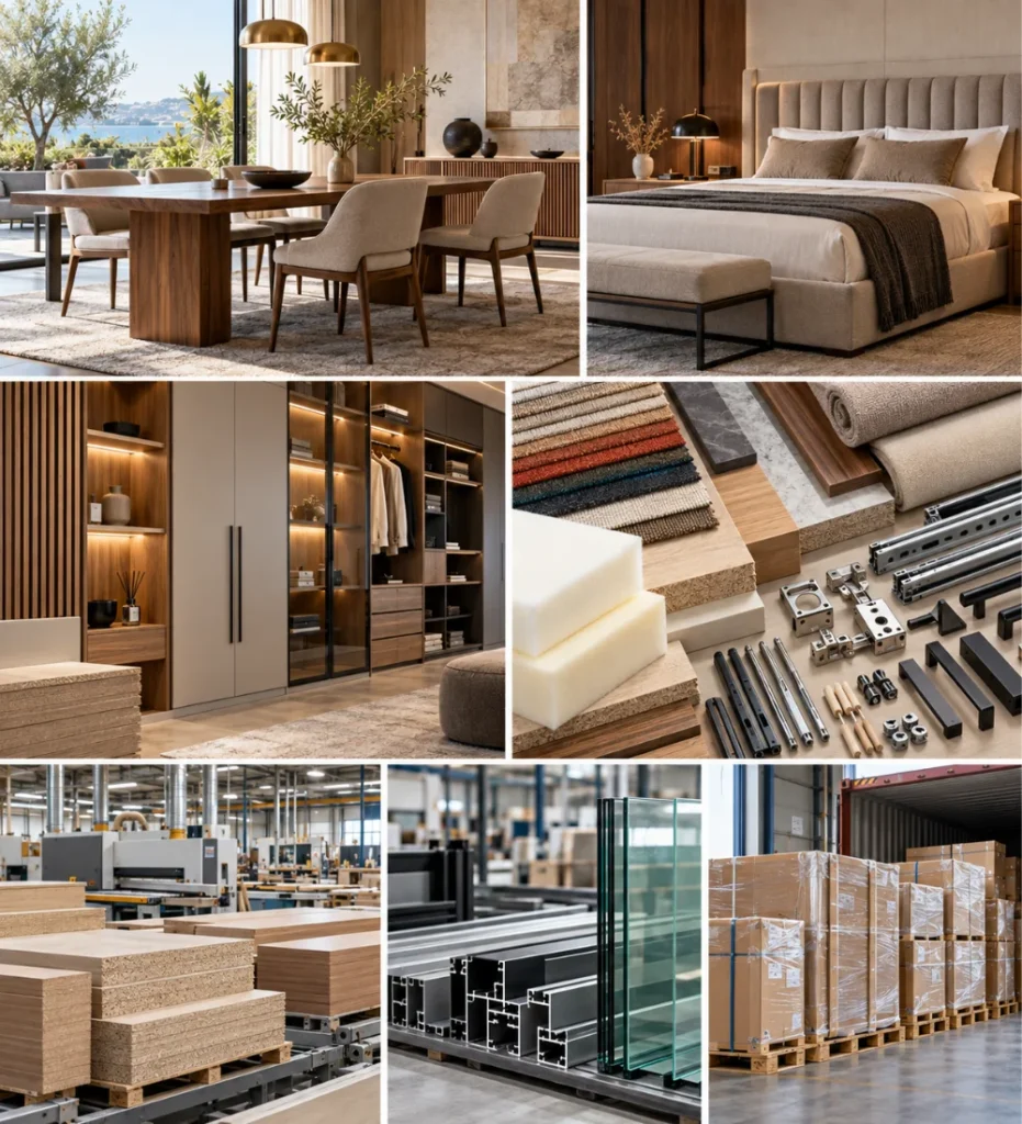 Furniture Sourcing Turkey hero collage showing Turkish furniture manufacturing, chipboard panels, aluminium profiles, glass, accessories, bedroom furniture, dining furniture and export-ready packaging