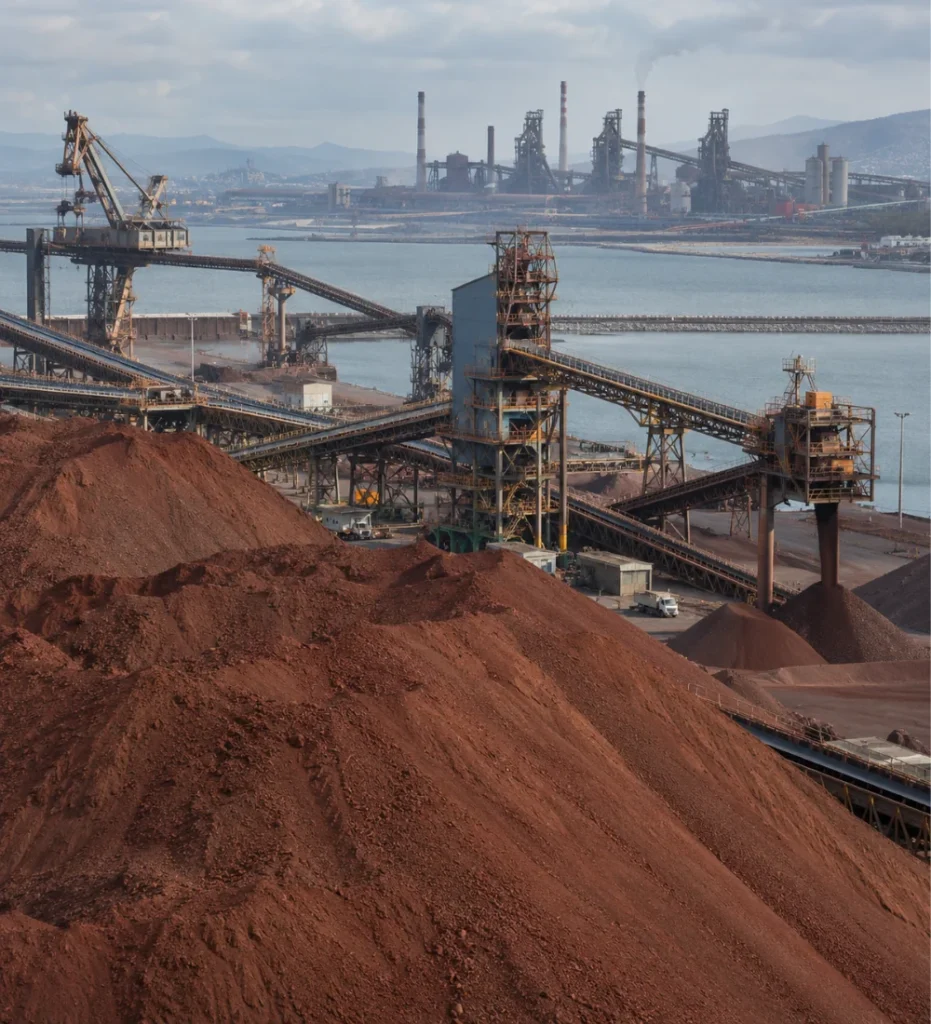 Iron Ore Market Entry Turkey case study showing iron ore stockpiles, bulk handling conveyors and steel production facilities.
