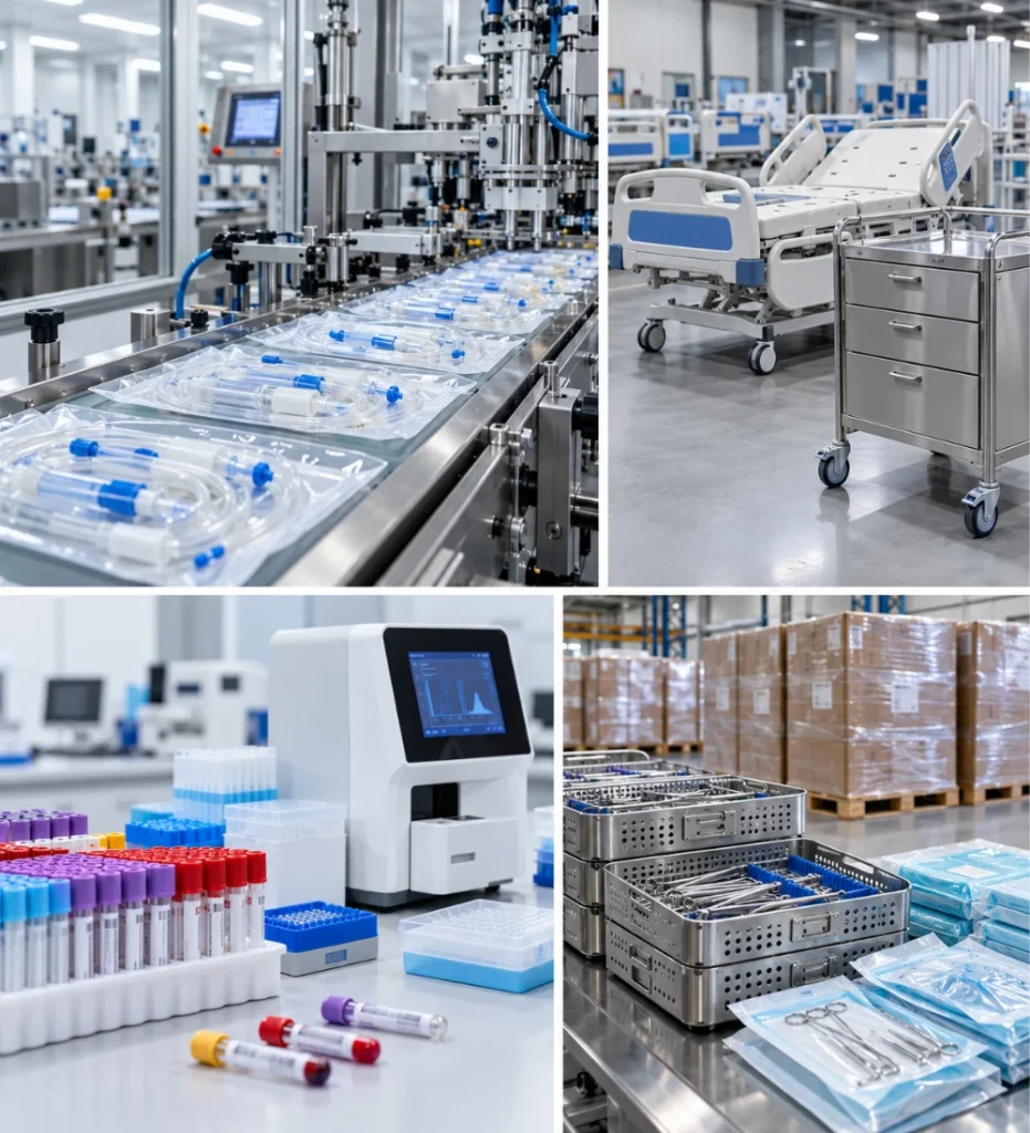 Medical Products Sourcing Turkey hero collage showing medical consumables production, hospital beds, laboratory diagnostic equipment and sterile surgical products