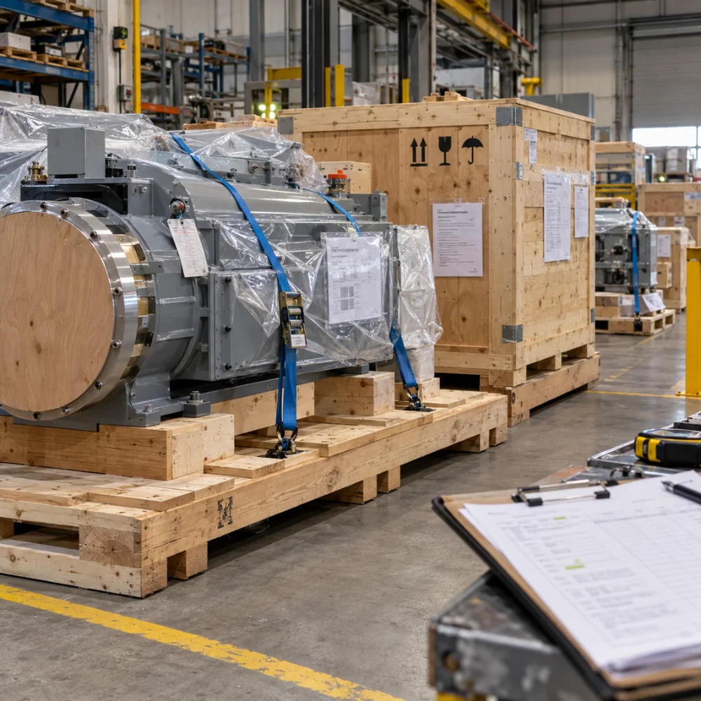 Shipment readiness Turkey showing industrial machinery secured on wooden pallets, shipping crates, packing labels and pre-shipment documentation.