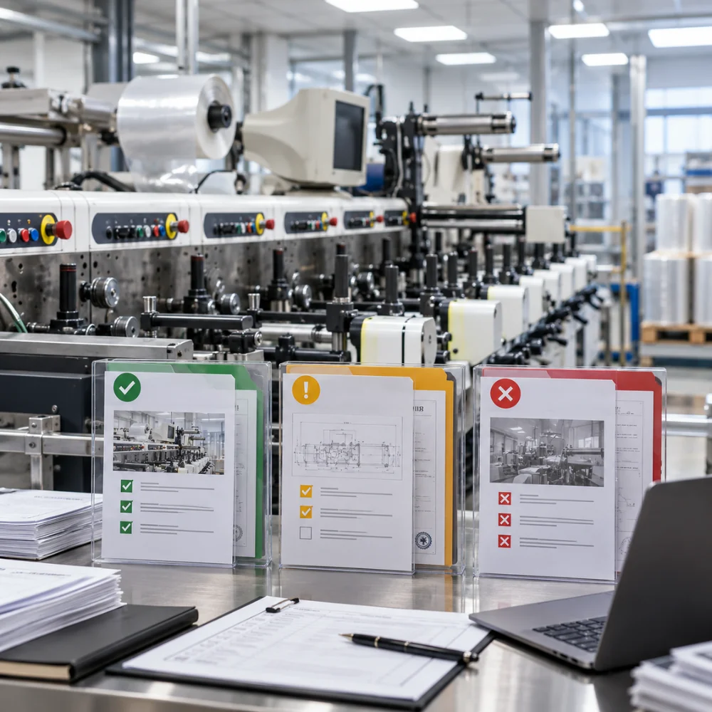 Supplier verification Turkey machinery visual showing industrial packaging machinery supplier review, document checks and candidate screening before RFQ