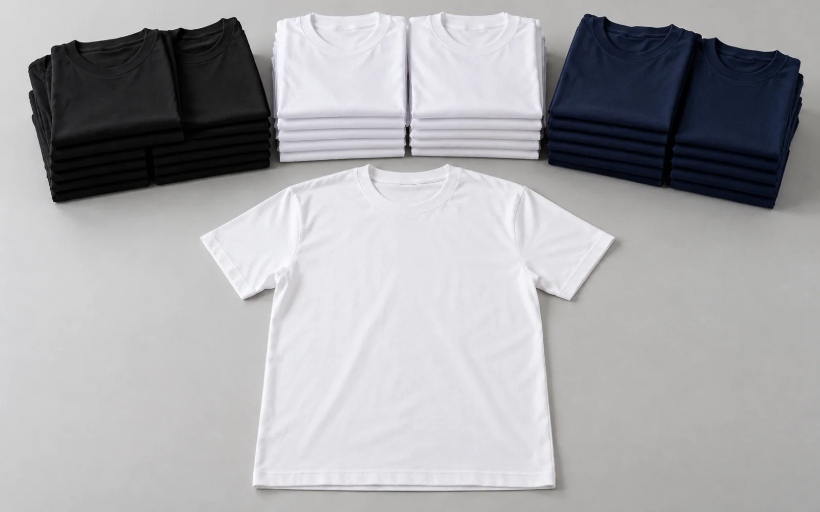 Black, white and navy crew-neck T-shirts illustrating ready-made garment sourcing and quotation comparison.