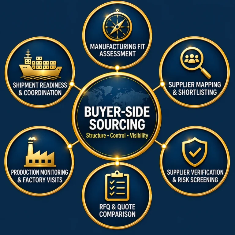 Turkey Sourcing Services by Hana Solution LLC, illustrating six buyer-side procurement services including supplier mapping, verification, RFQ comparison, production monitoring and shipment readiness.